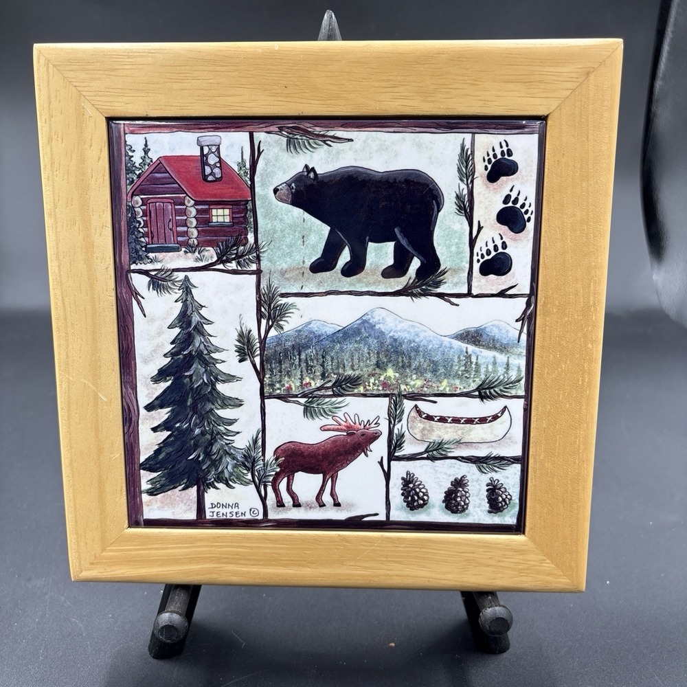Cabin Fever Ceramic Tile Trivet Plate /Wall Art Moose Bear  6X6 Donna Jensen